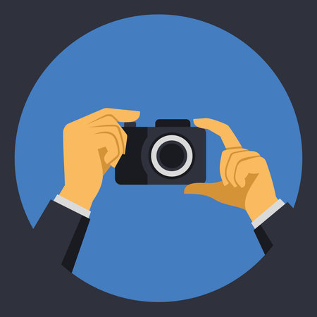 Digital Photo Camera with Hands in Flat Retro Style  Vector illustration
