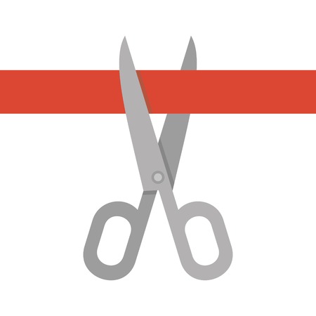 Scissors and Cutting Red Ribbon Concept in Flat Retro Style  Vector illustrationのイラスト素材
