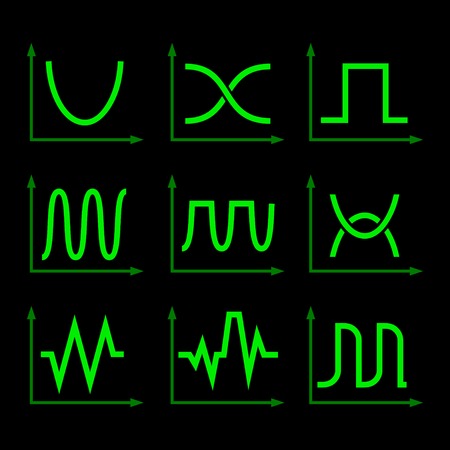 Green Oscilloscope Signal Set on Black Background. Vectorのイラスト素材