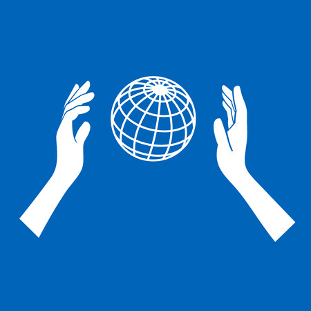 Globe Icon with Hands on Blue Background. Vectorのイラスト素材