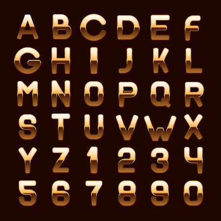 Golden Metallic Shiny ABC Letters and Numbers Isolated on Dark Background. Vector illustrationのイラスト素材