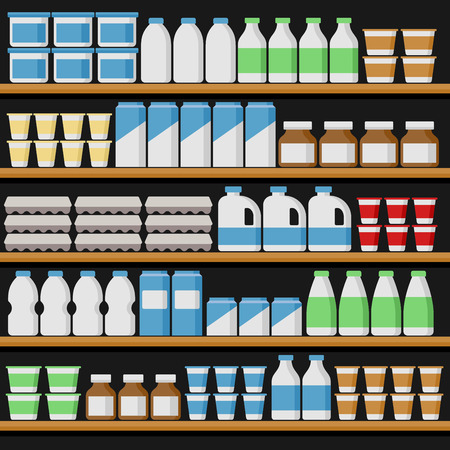 Supermarket. Shelfs with Milk Products. Vector illustrationのイラスト素材
