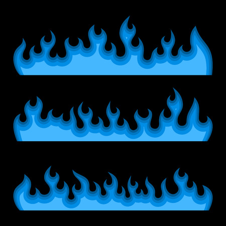 Blue Fire Burning Flames Set on a Black Background. Vector Illustrationのイラスト素材