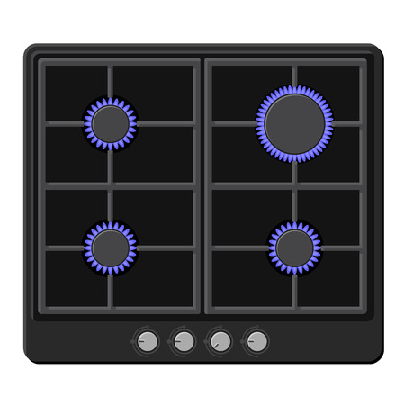 Surface of Black Gas Hob Stove with Fire On. Vector illustrationのイラスト素材