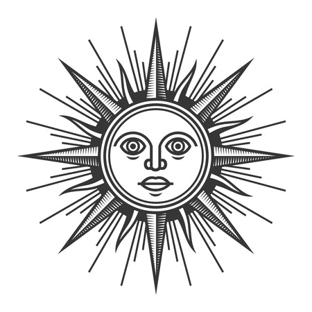 Antique Sun Face Icon on White Background. Vector illustrationのイラスト素材