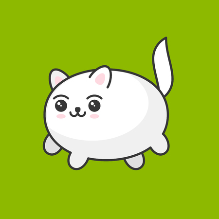 Cute Cartoon Kawaii White Cat on Green Background. Vectorのイラスト素材