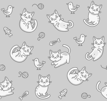 Cute Cartoon Cat Seamless Pattern on Light Background. Vectorのイラスト素材
