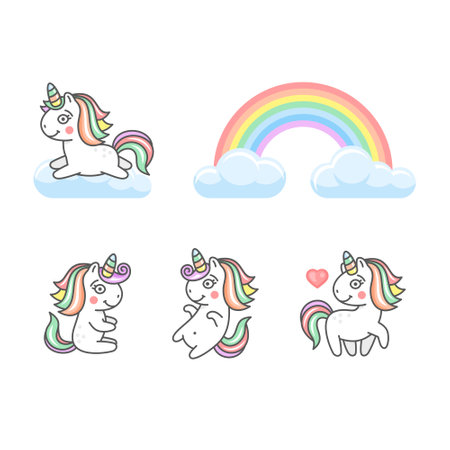 Unicorn and Rainbow Icons Set on White Background. Vectorのイラスト素材