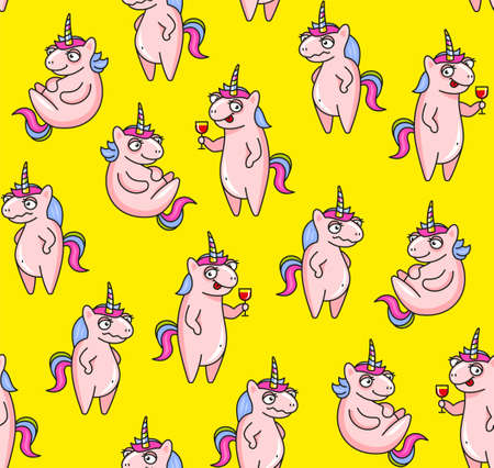 Cute Unicorns Seamless Pattern on Yellow Background. Vectorのイラスト素材