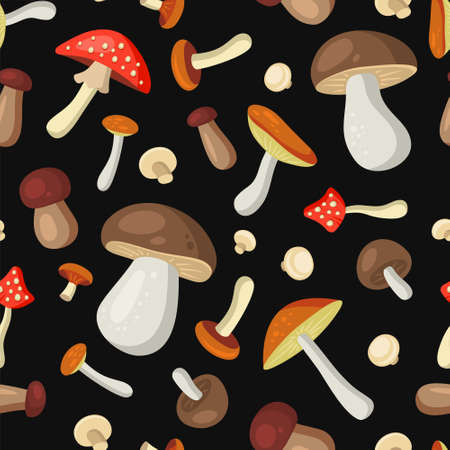 Mushrooms Seamless Pattern on Dark Background. Vectorのイラスト素材