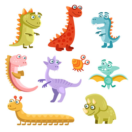 Cute Cartoon Dinosaurs Icon Set on White Background. Vectorのイラスト素材