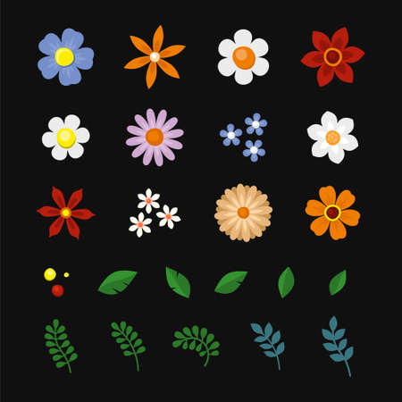 Flowers and Leaf Icons Set on Black Background. Vectorのイラスト素材