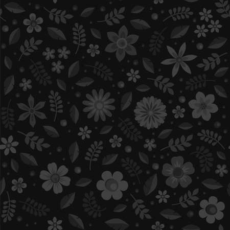Monochrome Floral Seamless Pattern on Black Background. Vectorのイラスト素材
