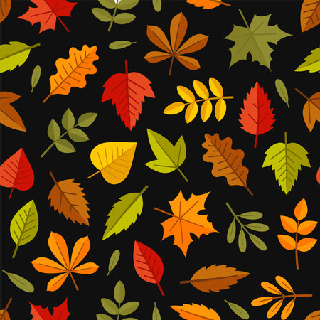 Autumn Leaves Seamless Pattern on Black Background. Vector