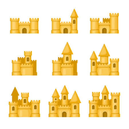 Sandcastle Set. Sand Tower and Castle Icons on White Background. Vectorのイラスト素材