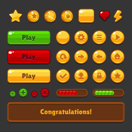 Game UI Kit Icons Set on Dark Background. Vectorのイラスト素材