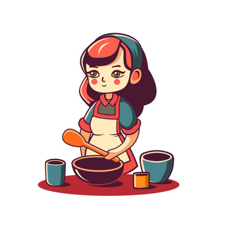 Young Woman Cooking in the Kitchen on White Background. Vectorのイラスト素材