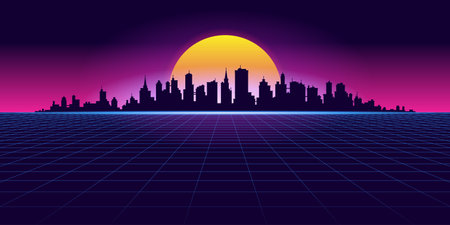 Synthwave Neon Background with Night Cityscape and Sunset. Vectorのイラスト素材