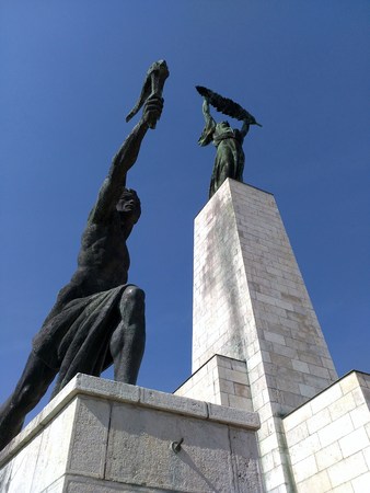 Bottom view of Liberty Statue and Allegory of Progress Sculpture on the GÃ©llert Hill in Budapestのeditorial素材
