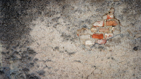 Old and dirty brick wall with damping plasterの写真素材