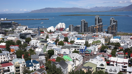 Top view of Reykjavik with colorful houses and skycrapers, the capital city of Iceland, Europeのeditorial素材
