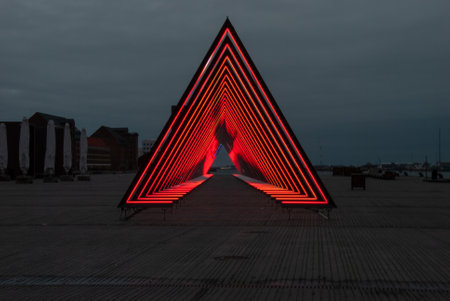 Lighted triangle in the harbor of Copenhagen, Denmarkの写真素材