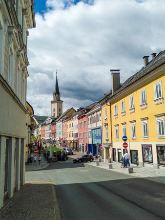 Hauptplatz Street with historical and colorful houses in Villach downtown, Austria,の写真素材