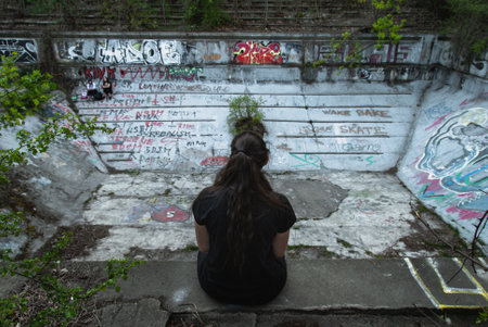 A person sitting on the edge of abandoned and decay swimming pool in Barrandov Terraces, Prague urbexの写真素材