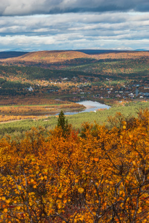 View of Tana river and Karasjok village from the top of Dakteroavvi mountain in Finnmark, Norwayの写真素材