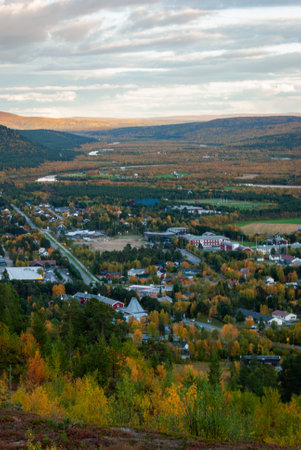 The scenery of Karasjok village and Karasjohka River and autumn nature around, Finnmark, Norwayの写真素材