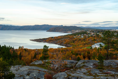 The scenery of Alta town and Altafjorden from Hjemmeluft, Finnmark, Norwayの写真素材