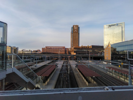 View of Oslo Sentral train station from Akrobaten Bridge, Norwayの写真素材