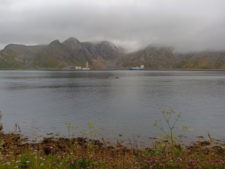Mountains surrounding the bay by Honningsvag town in Norway covered with cloudsの写真素材