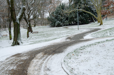 Santoska Park in Prague, the Czech Republic, covered in snow in the winterの写真素材
