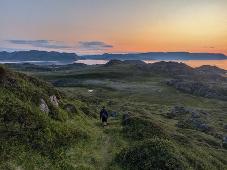 Midnight at the end of summer on Mageroya Island, Finnmark, Norwayの写真素材