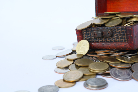 Open Treasure Chest Filled With Gold Coins And Silver Coins Close Upの写真素材