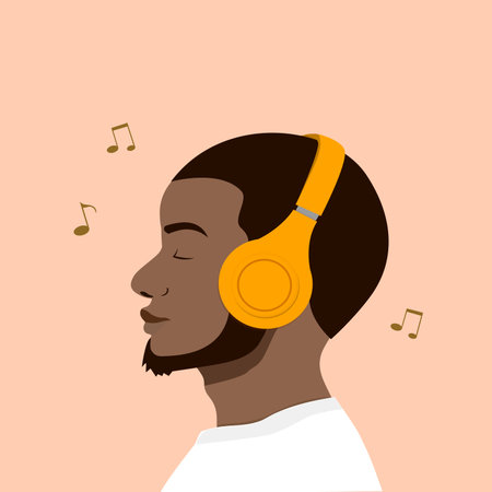 Black man listen music with yellow headphoneのイラスト素材