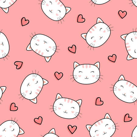 Seamless pattern with cute cats and heartsのイラスト素材