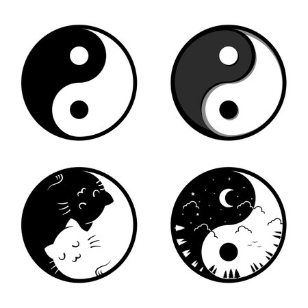 Yin Yang set 4 styles. Sun, Moon, Light, Night, Cat, Black and Whiteのイラスト素材