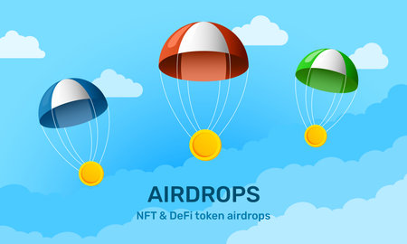 Airdrops NFT banners and DeFi tokens for marketing. New token on blue sky and cloud background.