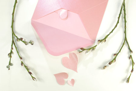 A pastel pink letter envelope is opened and a lot of pink hearts falling down. A pastel pink letter...