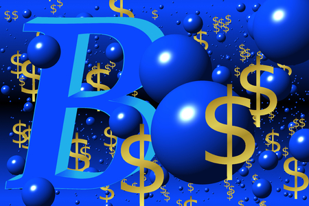 Abstract depiction of the technology of blockchain with blue balls and symbols of dollarの写真素材