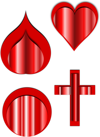 Four red vector symbols. Circle, heart, leaf and cross with 3 D effect and shadowのイラスト素材