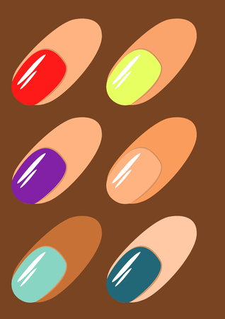 Colorful nails with various skin colors. Simple design. Six nails and fingers. Vector.のイラスト素材