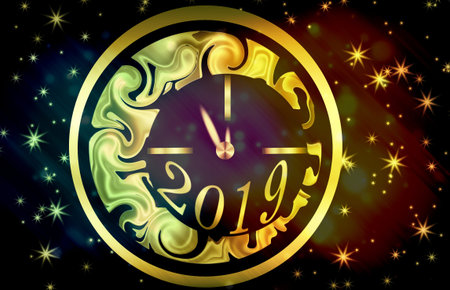 A golden clock with the number 2019 on black background with stars. New year eve.