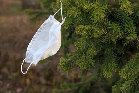 a single piece of a protective disposable surgical face mask hanging on a pine tree and waving on windの写真素材
