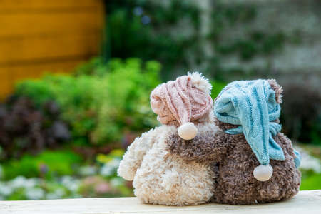 Two teddy bears sitting on the bench and hugging each other, rear view. Greeting or gift card design idea. High quality photoの写真素材