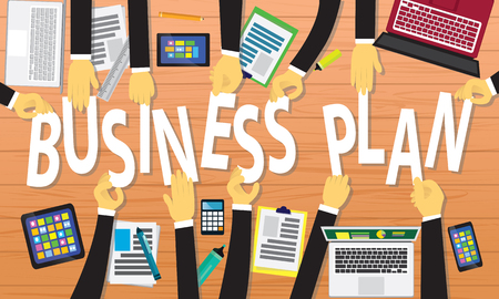 Vector illustration. Top view business plan concept. Working desk from above view with businessmen hands holding letter to make business plan words. Symbol of process, planning, strategy, goals, team work, future, successのイラスト素材