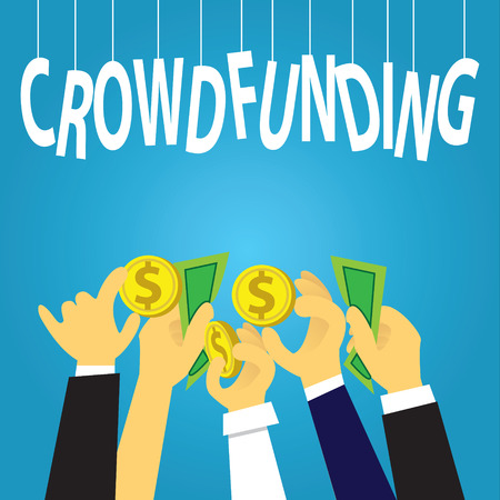 Vector illustration. Business crowdfunding concept. Businessmen hands giving dollar coins, money, to fund their business start up. Symbol of process, investment, strategy, goals, team work, future, profitのイラスト素材