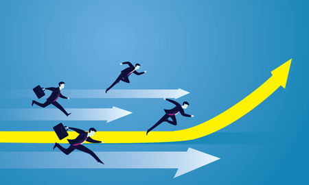 Vector illustration. Business competition concept. Businessmen racing forward to success on running track. One leader on highlighted up arrowのイラスト素材
